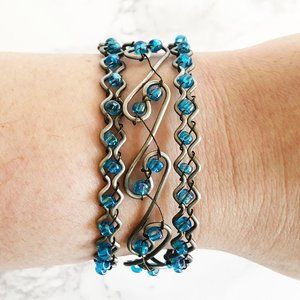 Vintage Silver Wired & Beaded Turquoise Wave Cuff Bracelet